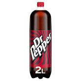 Dr Pepper - 2L comes in a plastic bottle with a red and black label featuring its iconic logo, showcasing a bold blend of 23 flavors.